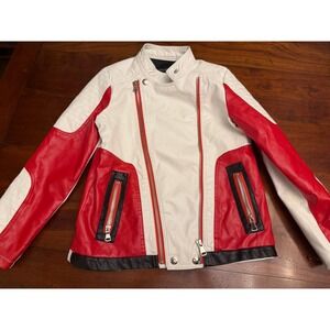 Botaobebe Kids Faux Leather Moto Jacket White Red Black Size 140 (9-10yr) Biker